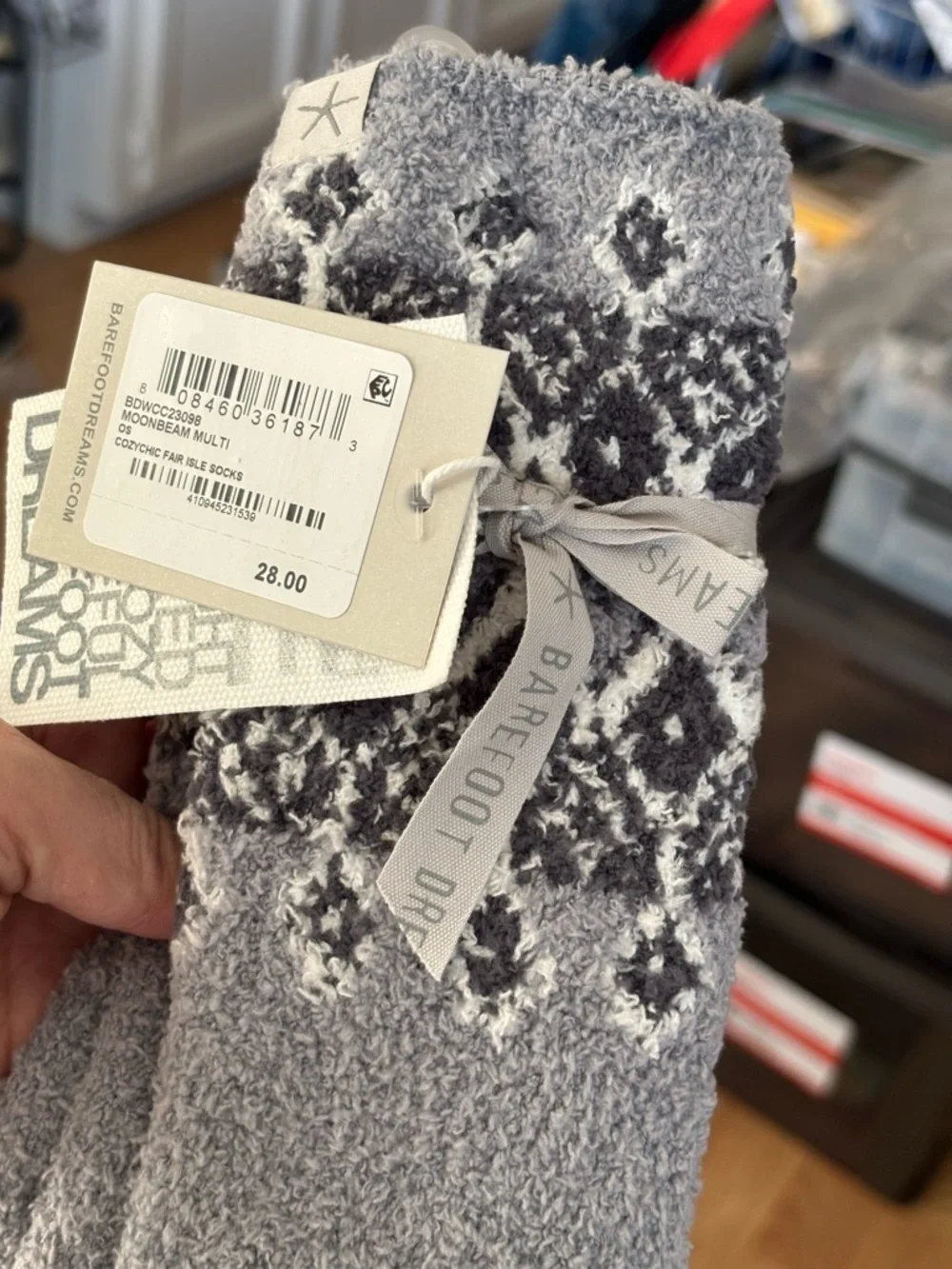 Barefoot Dreams Moonbeam Multi Grey and Cream Cozy Fair Isle Socks one size